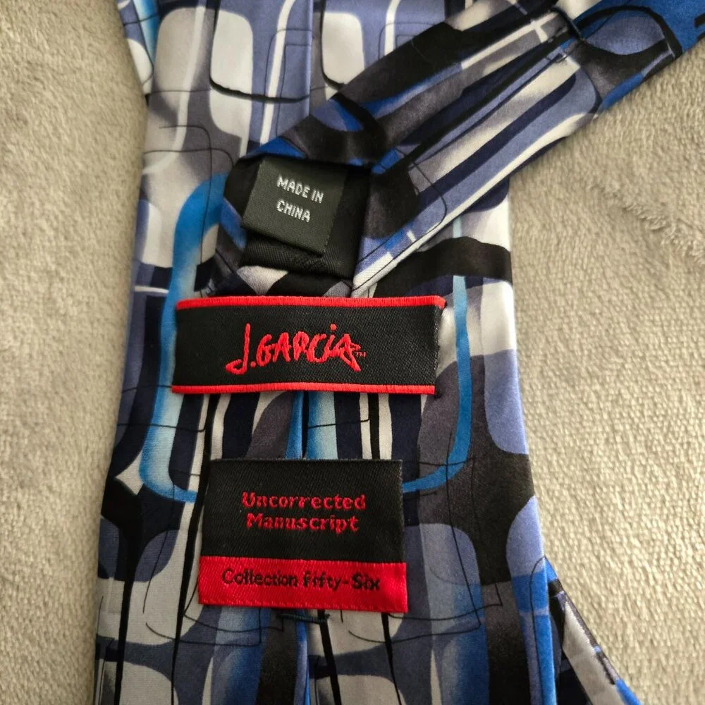 Jerry Garcia Neckwear Tie Blue Black Geometric Uncorrected Manuscript Silk